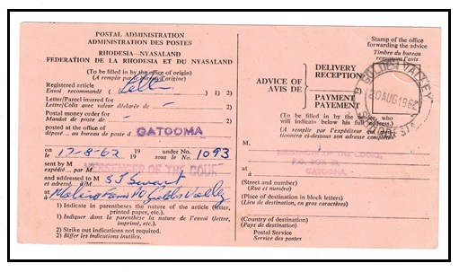 RHODESIA AND NYASALAND - 1960 use of black on pink 