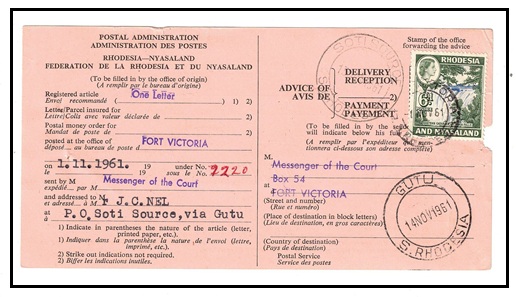 RHODESIA AND NYASALAND - 1961 use of black on pink 