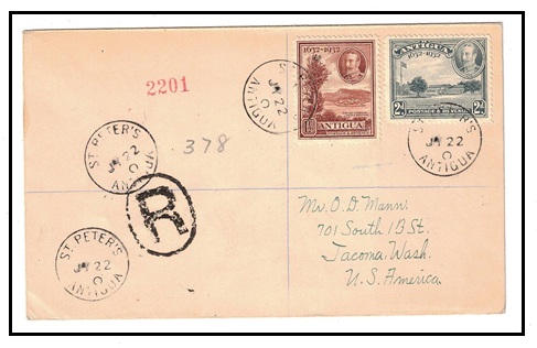 ANTIGUA - 1932 registered cover to USA used at ST.PETERS.