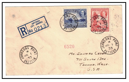 ANTIGUA - 1933 registered cover to USA used at JOHNSONS POINT.