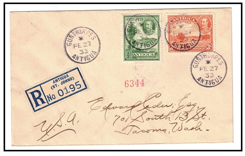 ANTIGUA - 1933 registered cover to USA used at GUNTHORPES.