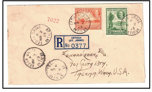 ANTIGUA - 1933 registered cover to USA used at CEDAR GROVE.
