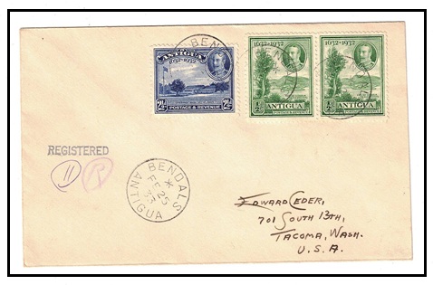 ANTIGUA - 1933 registered cover to USA used at BENDALS.