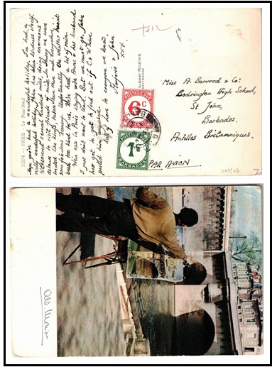 BARBADOS - 1964 stampless local postcard use with 1c+6c 