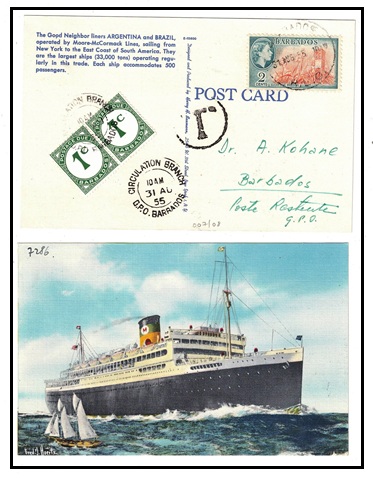 BARBADOS - 1955 underpaid local postcard with 1c 
