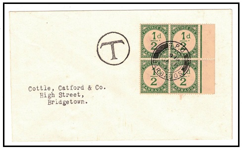 BARBADOS - 1937 stampless local cover with 1/2d green 