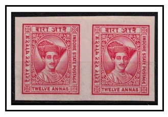 INDIA - 1934 12a  (SG type 7) IMPERFORATE PLATE PROOF Indore State pair in carmine.
