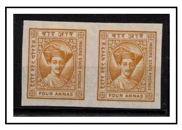 INDIA - 1934 4a  (SG type 7) IMPERFORATE PLATE PROOF Indore State pair in yellow-brown.