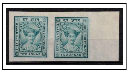INDIA - 1934 2a (SG type 7) IMPERFORATE PLATE PROOF Indore State pair in bluish green.