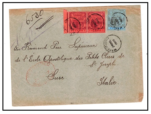 MAURITIUS - 1907 27c rate registered cover to Italy with thimble type MAHEBOURG cancel.