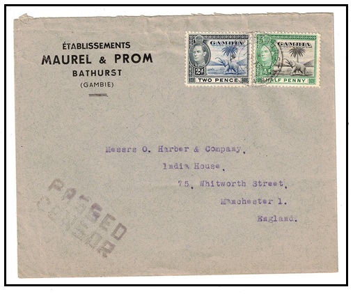GAMBIA - 1941 2 1/2d rate cover to UK struck PASSED/CENSOR.