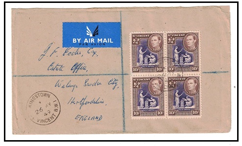 ST.VINCENT - 1949 registered cover to UK with 10/- block of four used at KINGSTOWN.
