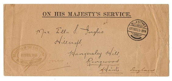 NYASALAND - 1933 OHMS stampless cover to UK used at BLANTYRE.