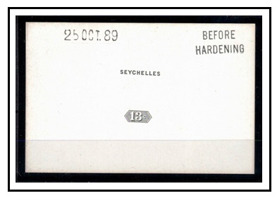SEYCHELLES - 1889 13c DIE PROOF in black on cream glazed card dated and struck BEFORE HARDENING. 