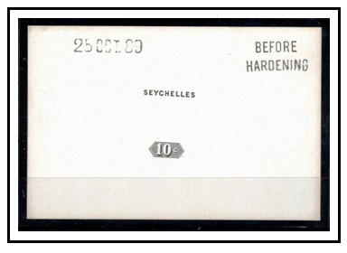SEYCHELLES - 1889 10c DIE PROOF in black on cream glazed card dated and struck BEFORE HARDENING. 