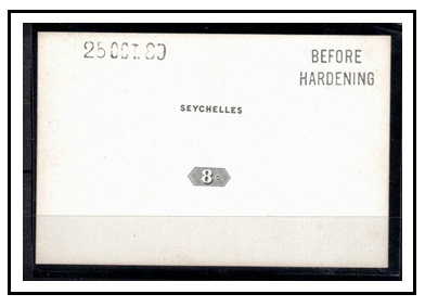 SEYCHELLES - 1889 8c DIE PROOF in black on cream glazed card dated and struck BEFORE HARDENING.