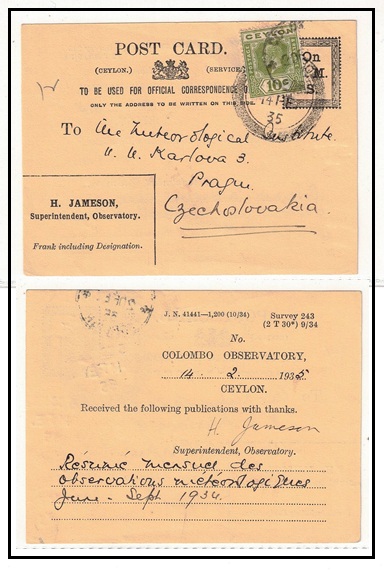 CEYLON - 1934 black on yellow buff O.H.M.S. postal stationery postcard uprated to Czechoslovakia.