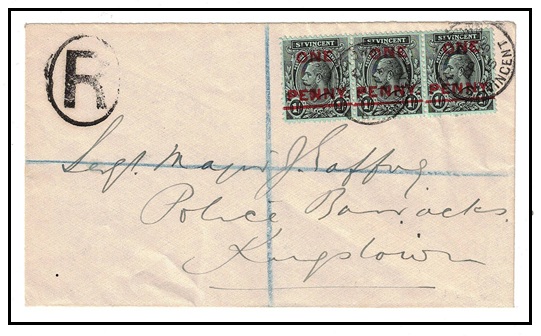 ST.VINCENT - 1915 1d on 1/- (x3) rated registered cover used locally with in period.