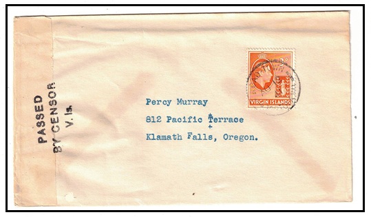 BRITISH VIRGIN ISLANDS - 1941 3d rate cover to USA used at TORTOLA and struck PASSED/BY CENSOR/V Is.