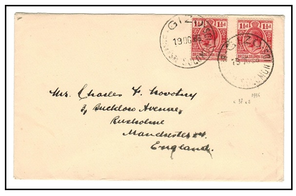 SOLOMON ISLANDS - 1936 3d rate cover to UK used at GIZO.