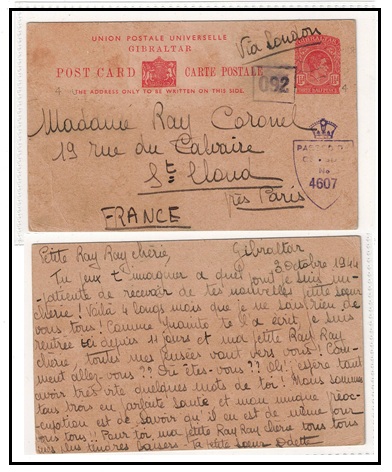GIBRALTAR - 1938 1 1/2d red PSC censored to France.  H&G 32.