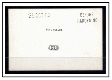 SEYCHELLES - 1889 96c DIE PROOF printed on glazed card struck BEFORE HARDENING and dated.