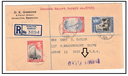 BERMUDA - 1945 6d rate registered cover to USA used at HAMILTON struck 