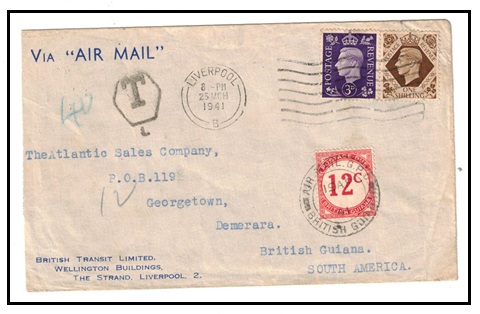 BRITISH GUIANA - 1941 inward underpaid cover from UK with 12c 