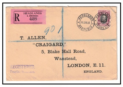 SOUTHERN RHODESIA - 1936 6d rate registered cover to UK used at HEADLANDS.