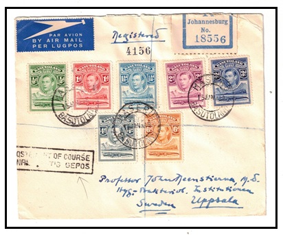 BASUTOLAND - 1948 registered cover from Maseru to Sweden struck POSTED OUT OF COURSE.