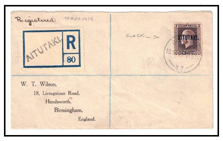 AITUTAKI - 1919 3d rate registered 