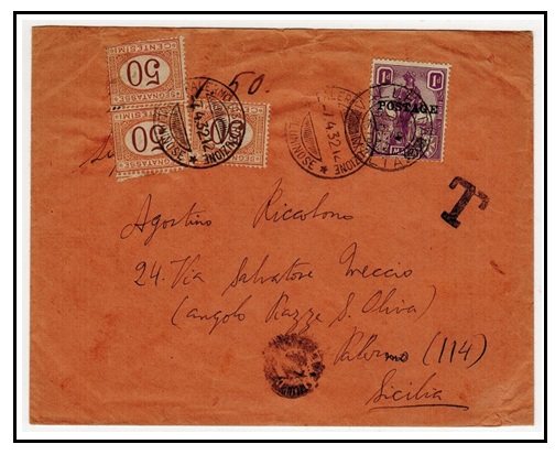 MALTA - 1932 underpaid cover to Italy with 50c (x3) 