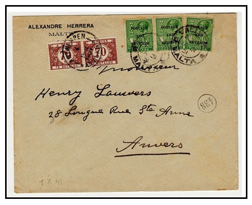 MALTA - 1931 underpaid cover to France with 70c (x2) 