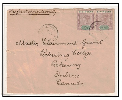 ST.VINCENT - 1902 1/2d (x2) on cover to Canada.