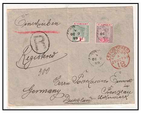 ST.VINCENT - 1899 1/- and 1/2d rate registered cover to Germany.
