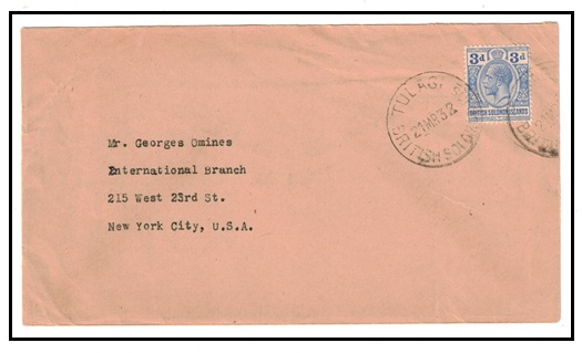 SOLOMON ISLANDS - 1932 3d rate cover to USA used at TULAGI.