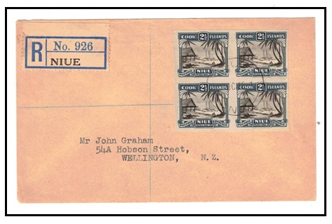 NIUE - 1945 2 1/2d (SG 65) IMPERFORATE block of four on registered cover to New Zealand.