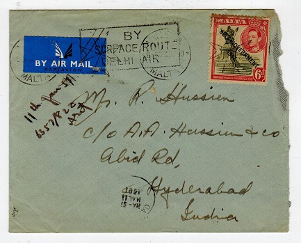 MALTA - 1950 cover to India with BY/SURFACE ROUTE/DELHI AIR h/s applied.