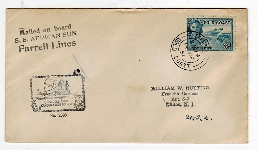 GOLD COAST - 1951 S.S.AFRICAN SUN maritime use cover to USA used at TAKORADI.