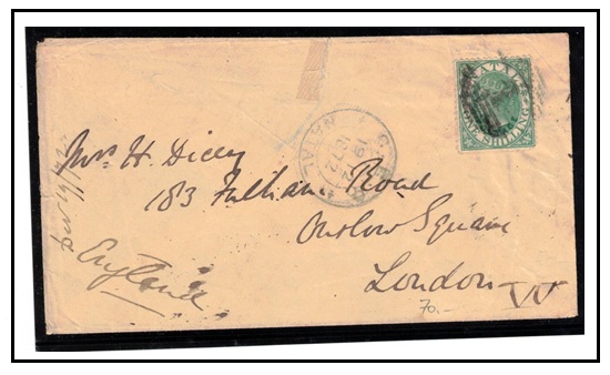 NATAL - 1872 1/- green on cover addressed to UK.