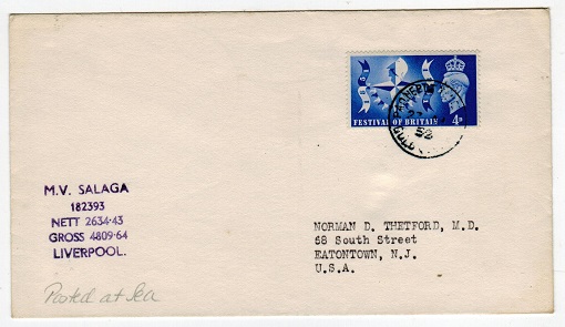 GOLD COAST - 1952 M.V.SALAGA maritime use cover to USA with PAQUEBOT/TAKORADI cancel.