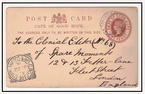 CAPE OF GOOD HOPE - 1881 1d reddish-brown PSC to UK used at 43 STRAND STREET.  H&G 2.