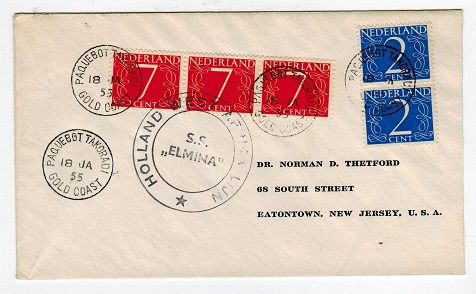 GOLD COAST - 1955 S.S.ELMINA maritime use cover to USA cancelled PAQUEBOT/TAKORADI.