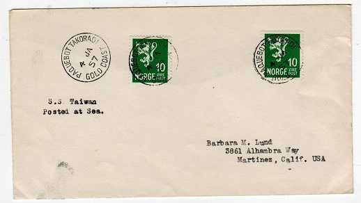 GOLD COAST - 1957 S.S.TAIWAN maritime use cover to USA cancelled PAQUEBOT/TAKORADI.