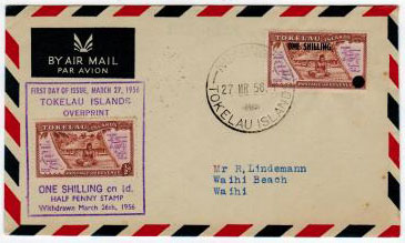 TOKELAU - 1956 1/- on 1/2d on FDC.