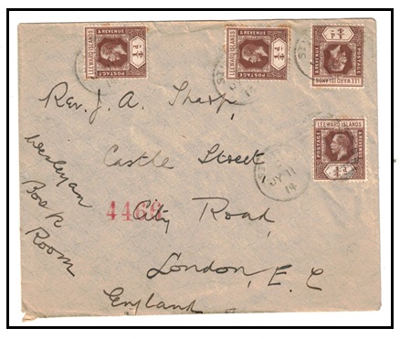 ST.KITTS - 1914 cover to UK with 1/4d brown bearing Leeward Islands (x4) tied ST.KITTS.
