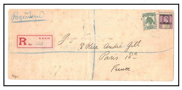GILBERT AND ELLICE IS - 1911 5 1/2d rate registered cover to France used at TARAWA.