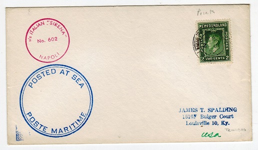 NEWFOUNDLAND - 1952 S/S ITALIAN maritime cover to USA cancelled PAQUEBOT/TRINIDAD.