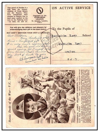 INDIA - 1942 (circa) ON ACTIVE SERVICE overseas league illustrated postcard to acknowledge gifts.