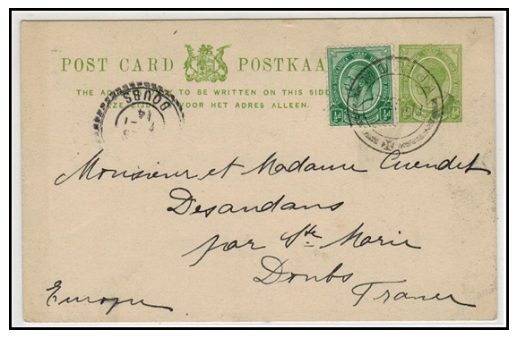 BASUTOLAND - 1913 1/2d South African PSC uprated to France used at MORIJA.